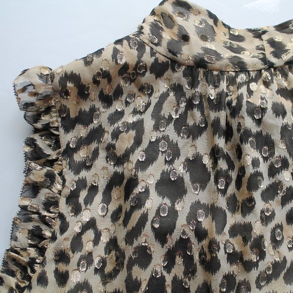 Kate Spade Leopard Print Tie-neck Chiffon Top with Metallic Size Large Gold - Picture 8 of 8